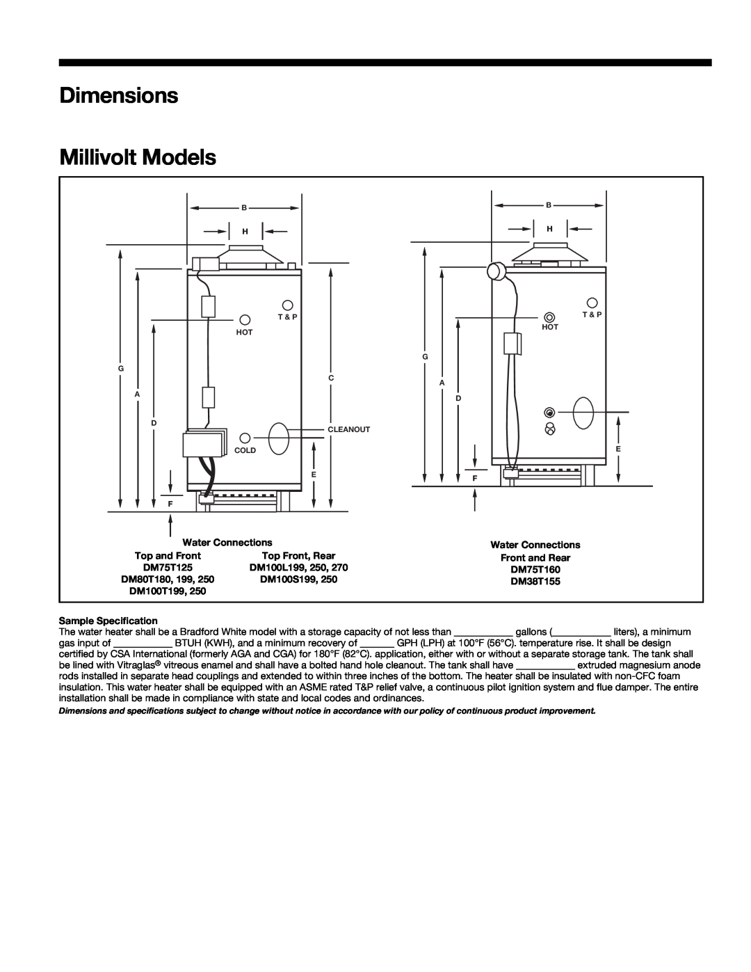Bradford-White Corp Dimensions Millivolt Models, Water Connections, Top and Front, Top Front, Rear, DM75T125, DM75T160 