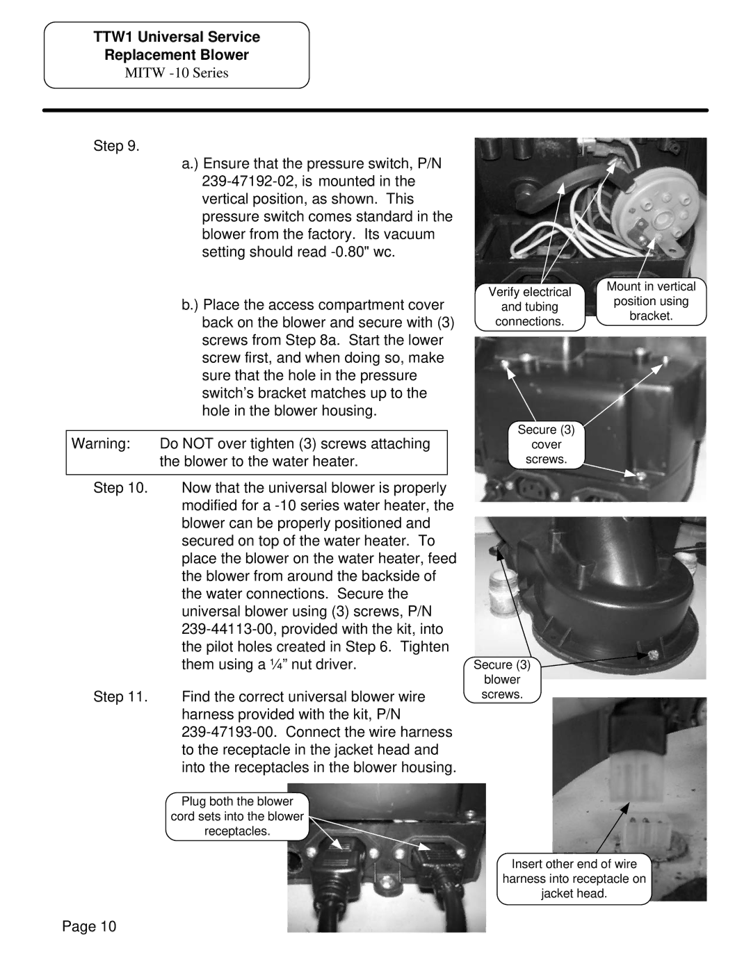 Bradford-White Corp MITW -10, MITW -12 / -15 manual Plug both the blower 