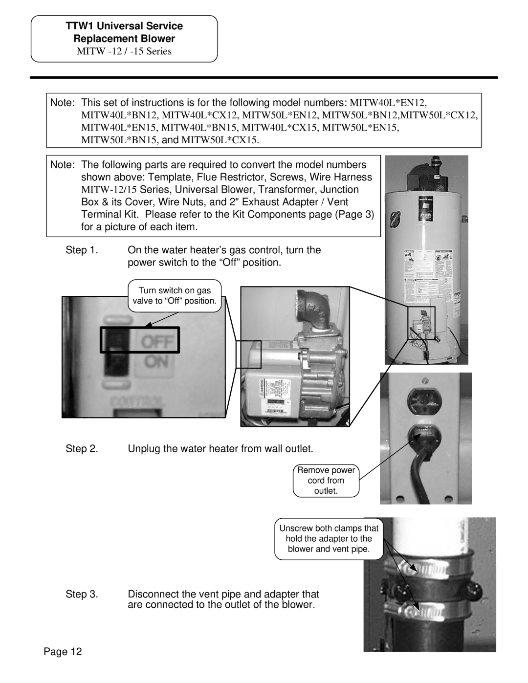 Bradford-White Corp MITW -10, MITW -12 / -15 manual Unplug the water heater from wall outlet 