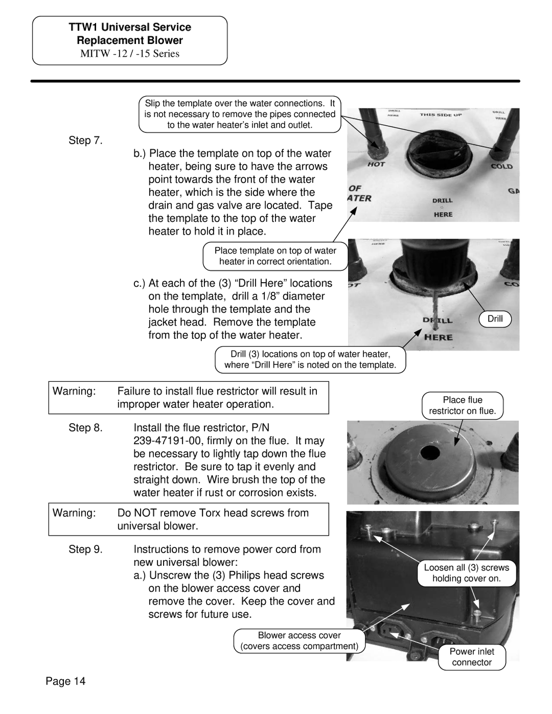 Bradford-White Corp MITW -10, MITW -12 / -15 manual Place template on top of water heater in correct orientation 