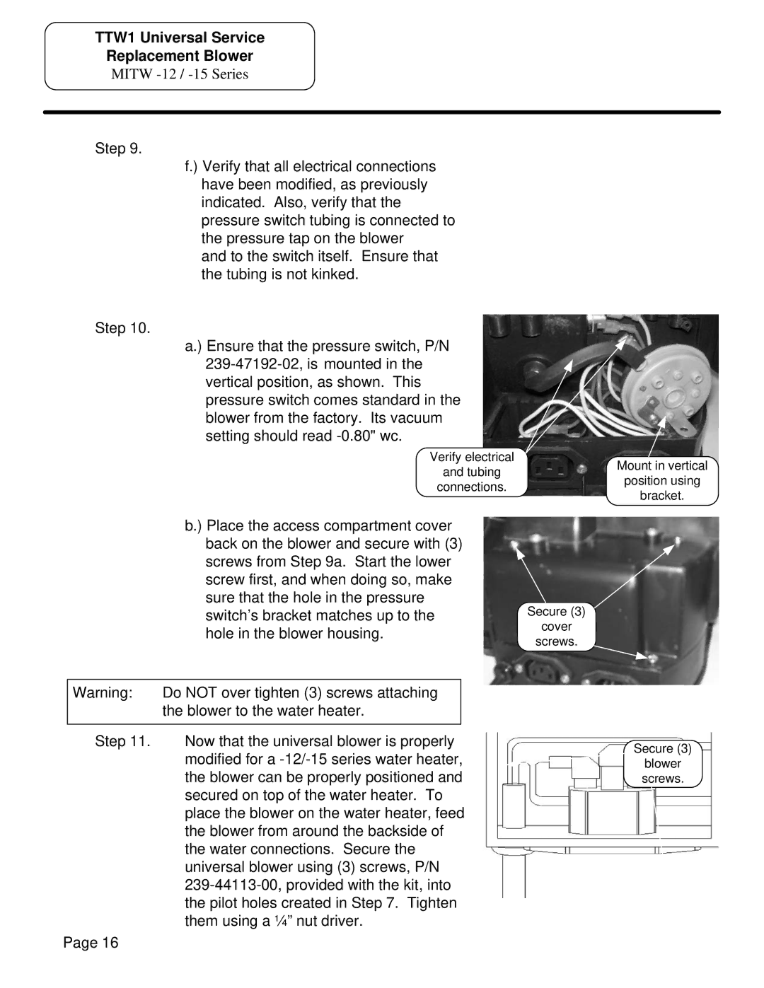 Bradford-White Corp MITW -10, MITW -12 / -15 manual Secure Cover Screws Blower screws 