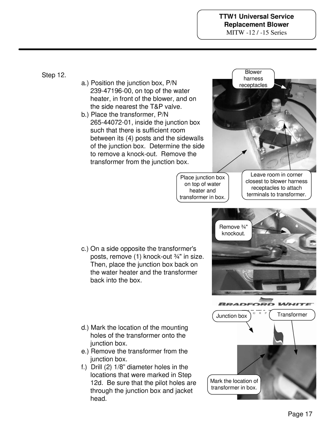 Bradford-White Corp MITW -12 / -15, MITW -10 manual TTW1 Universal Service Replacement Blower 
