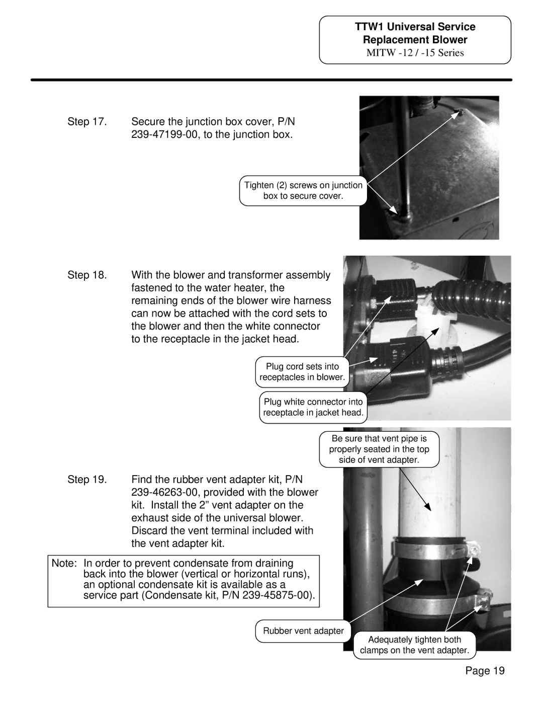 Bradford-White Corp MITW -12 / -15, MITW -10 manual Tighten 2 screws on junction Box to secure cover 