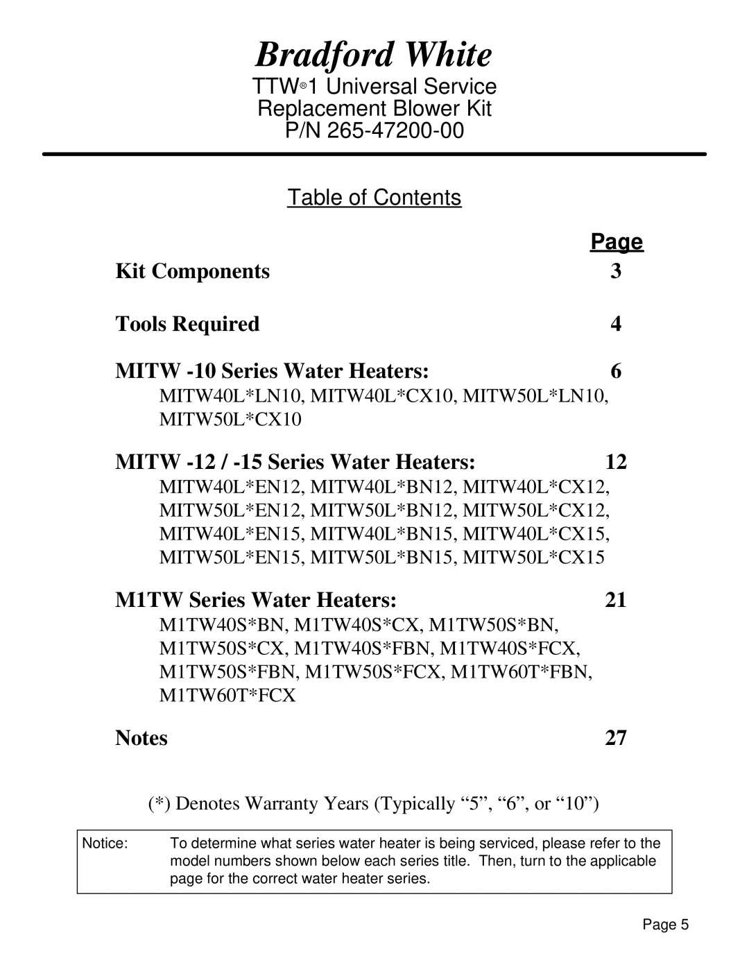 Bradford-White Corp MITW -12 / -15, MITW -10 manual Bradford White 