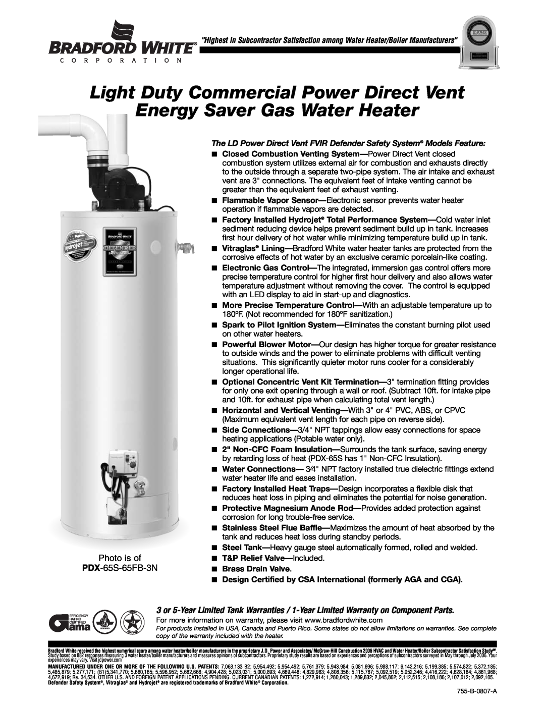 Bradford-White Corp PDX-65S-65FB-3N warranty Light Duty Commercial Power Direct Vent Energy Saver Gas Water Heater 