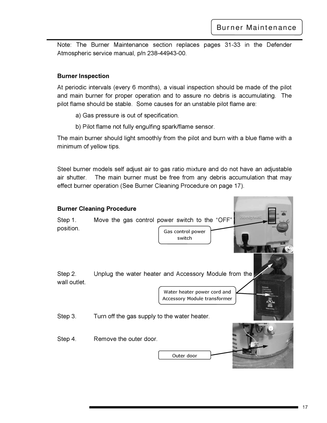 Bradford-White Corp PE440T*F(BN,SX), PE4503*F(BN,SX) Burner Maintenance, Burner Inspection, Burner Cleaning Procedure 