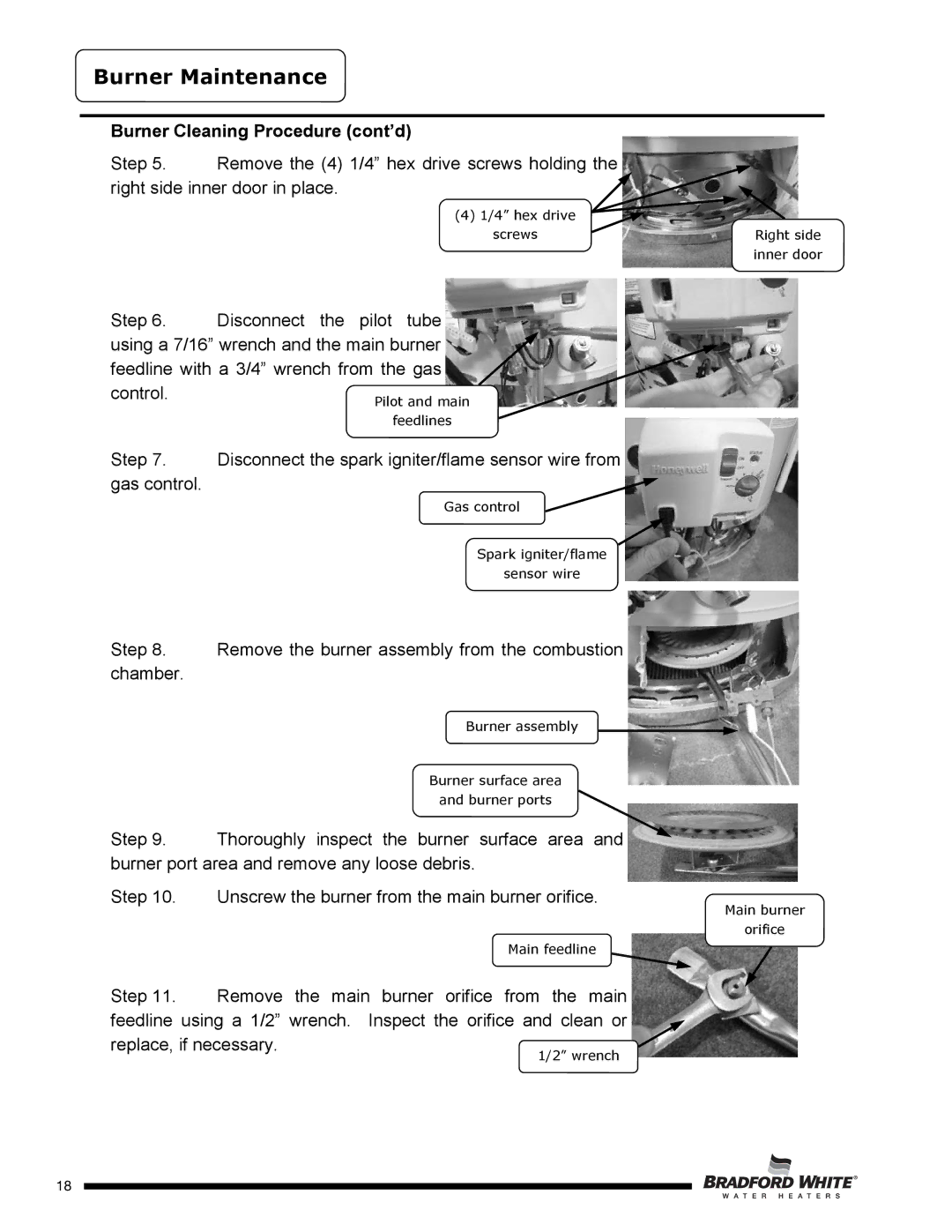 Bradford-White Corp PE4403S*F(BN,SX), PE4503*F(BN,SX), PE440T*F(BN,SX) Unscrew the burner from the main burner orifice 
