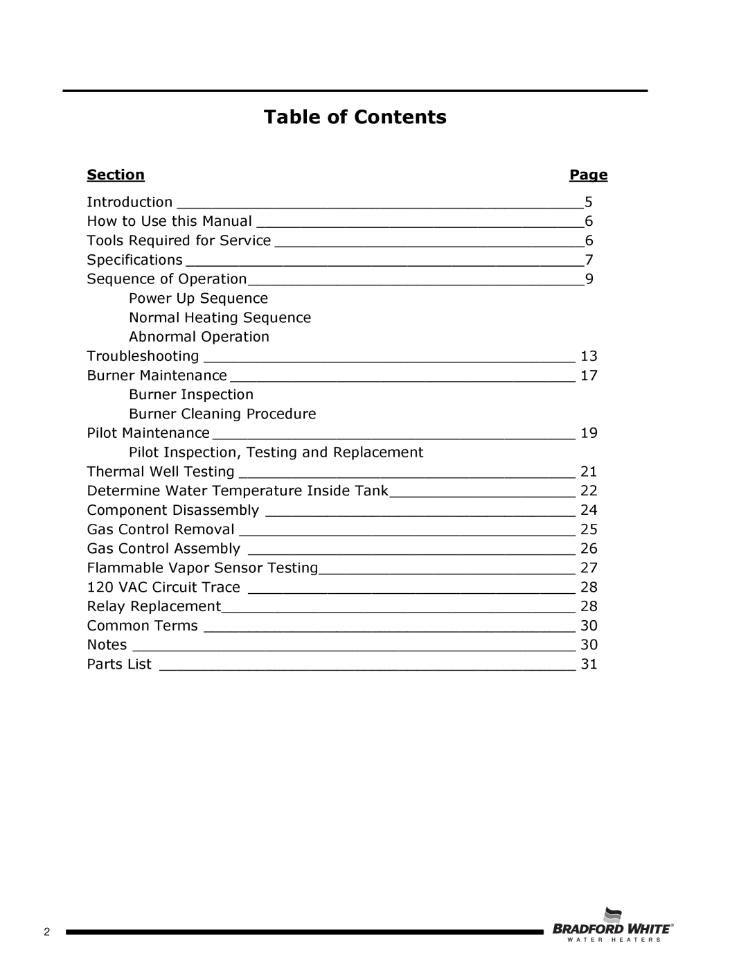 Bradford-White Corp PE4403S*F(BN,SX), PE4503*F(BN,SX), PE440T*F(BN,SX), PE2XR504T*F(BN,SX) service manual Table of Contents 