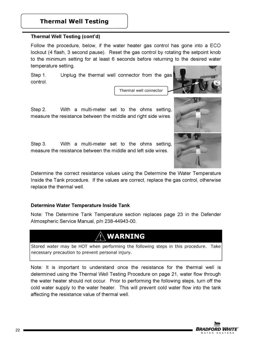 Bradford-White Corp PE4403S*F(BN,SX) Thermal Well Testing cont’d, Determine Water Temperature Inside Tank 