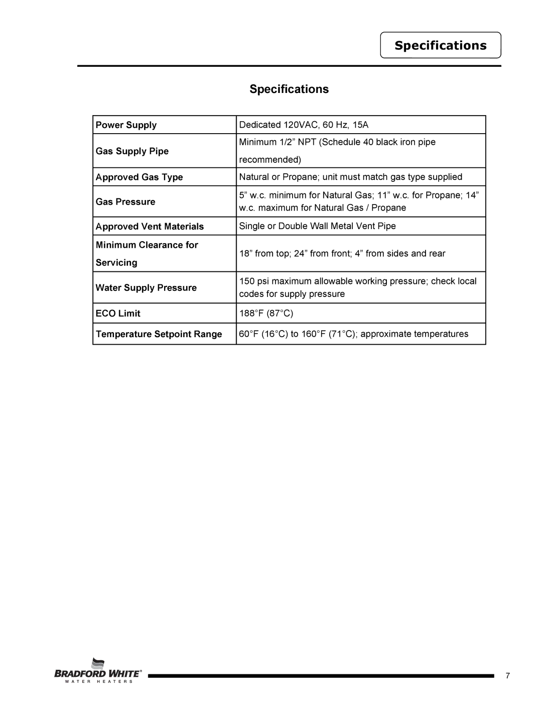 Bradford-White Corp PE2XR504T*F(BN,SX), PE4503*F(BN,SX), PE440T*F(BN,SX), PE4403S*F(BN,SX) service manual Specifications 