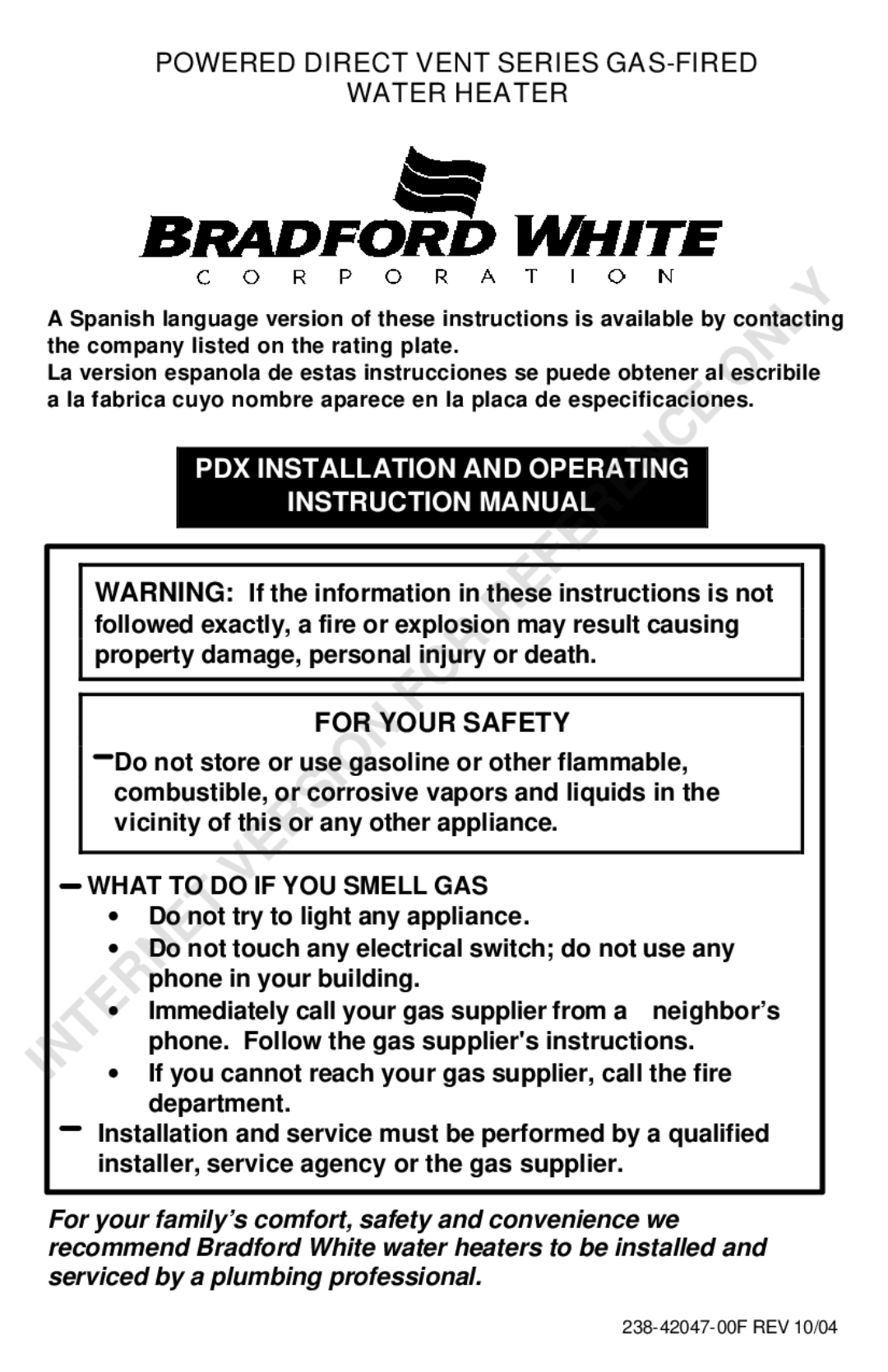 Bradford-White Corp instruction manual Powered Direct Vent Series GAS-FIRED Water Heater, For Your Safety 