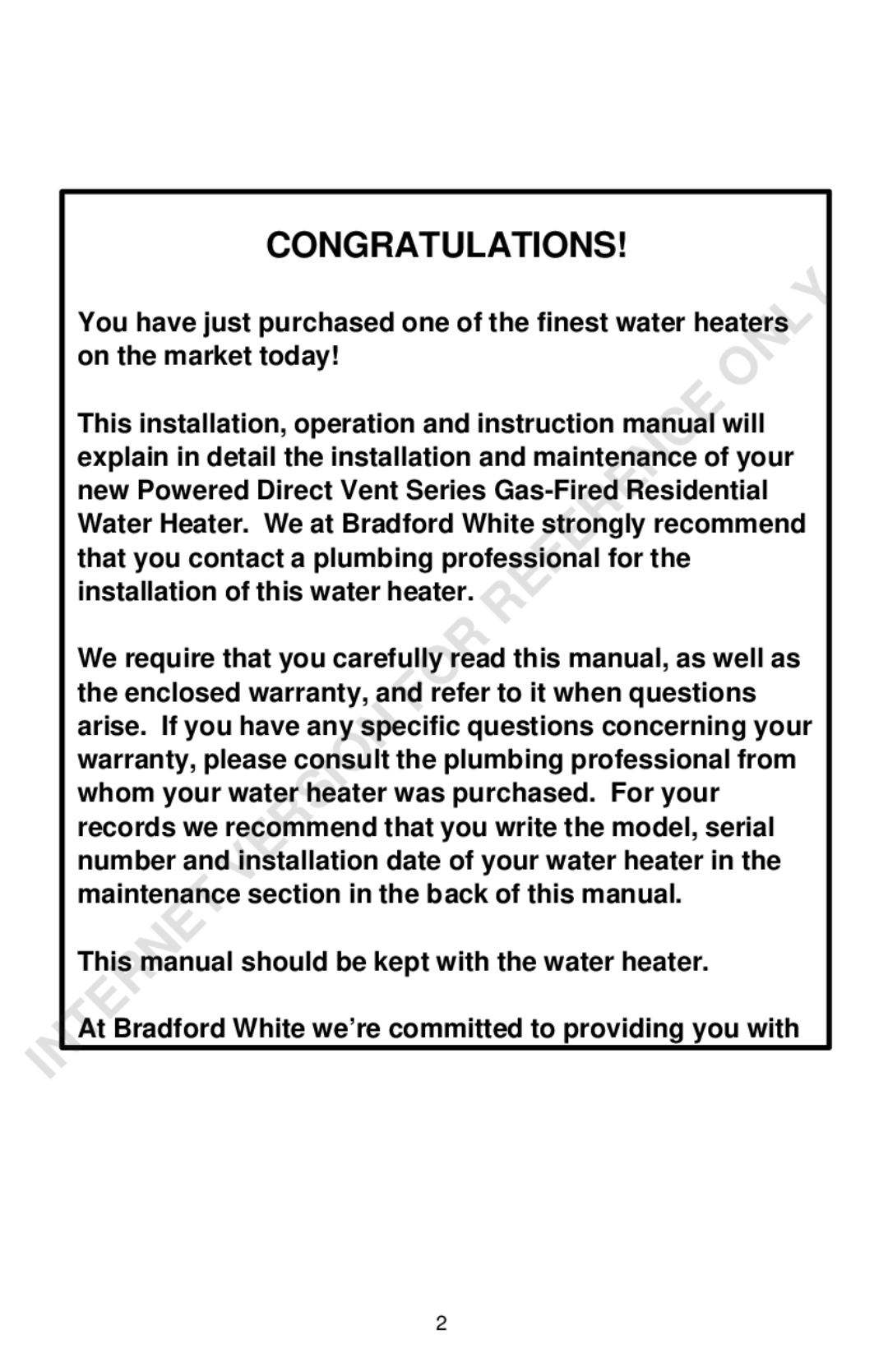 Bradford-White Corp Powered Direct Vent Series instruction manual Congratulations 