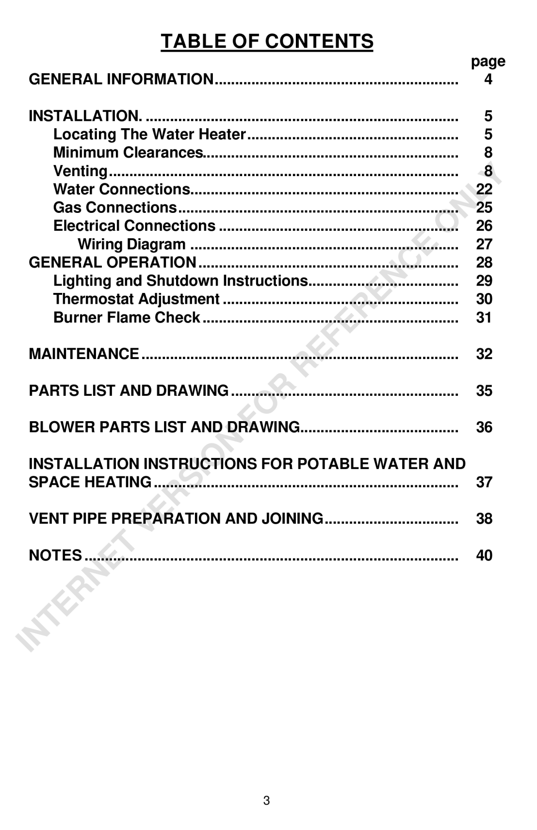 Bradford-White Corp Powered Direct Vent Series instruction manual Table of Contents 