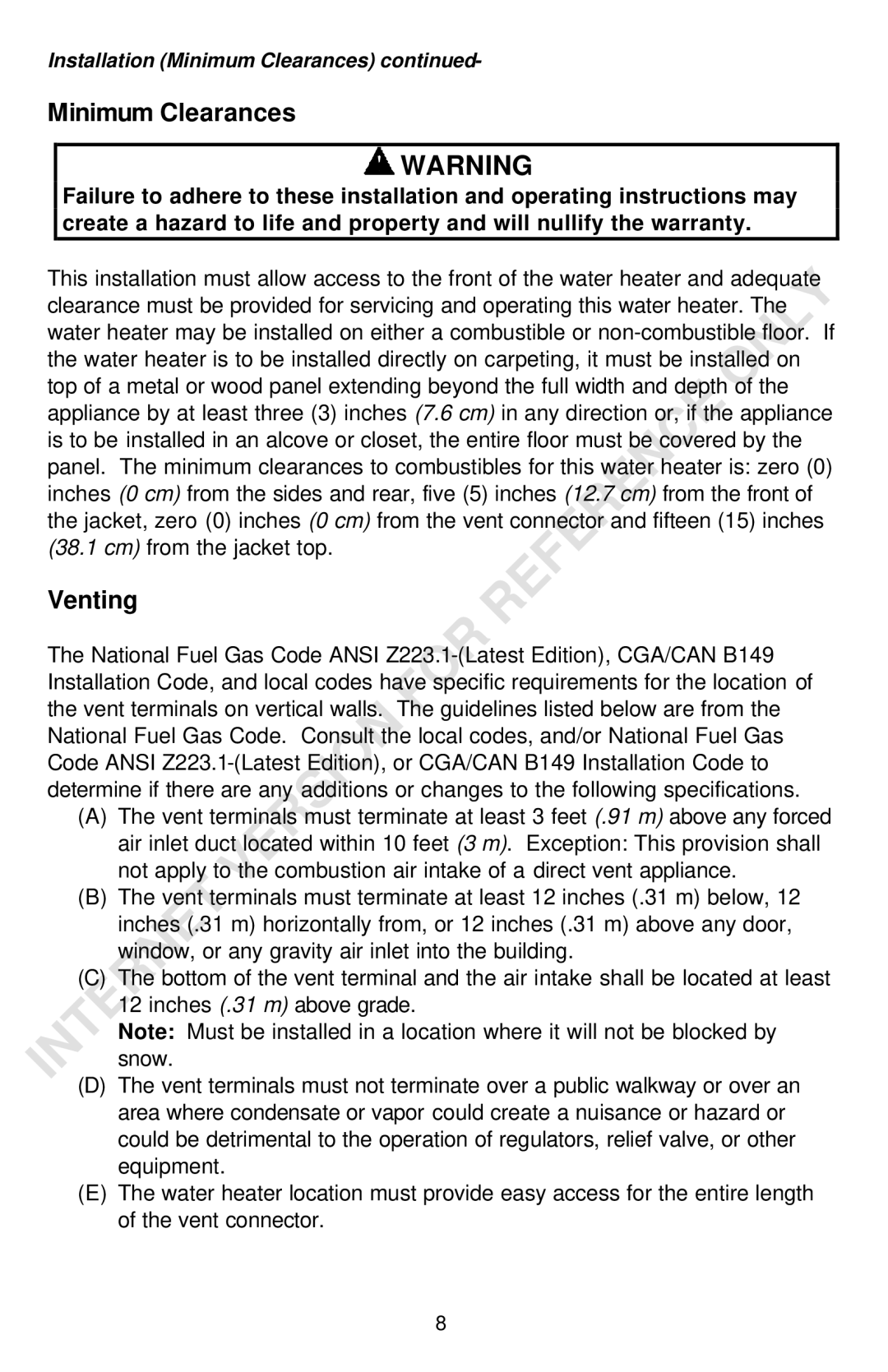 Bradford-White Corp Powered Direct Vent Series instruction manual Installation Minimum Clearances 