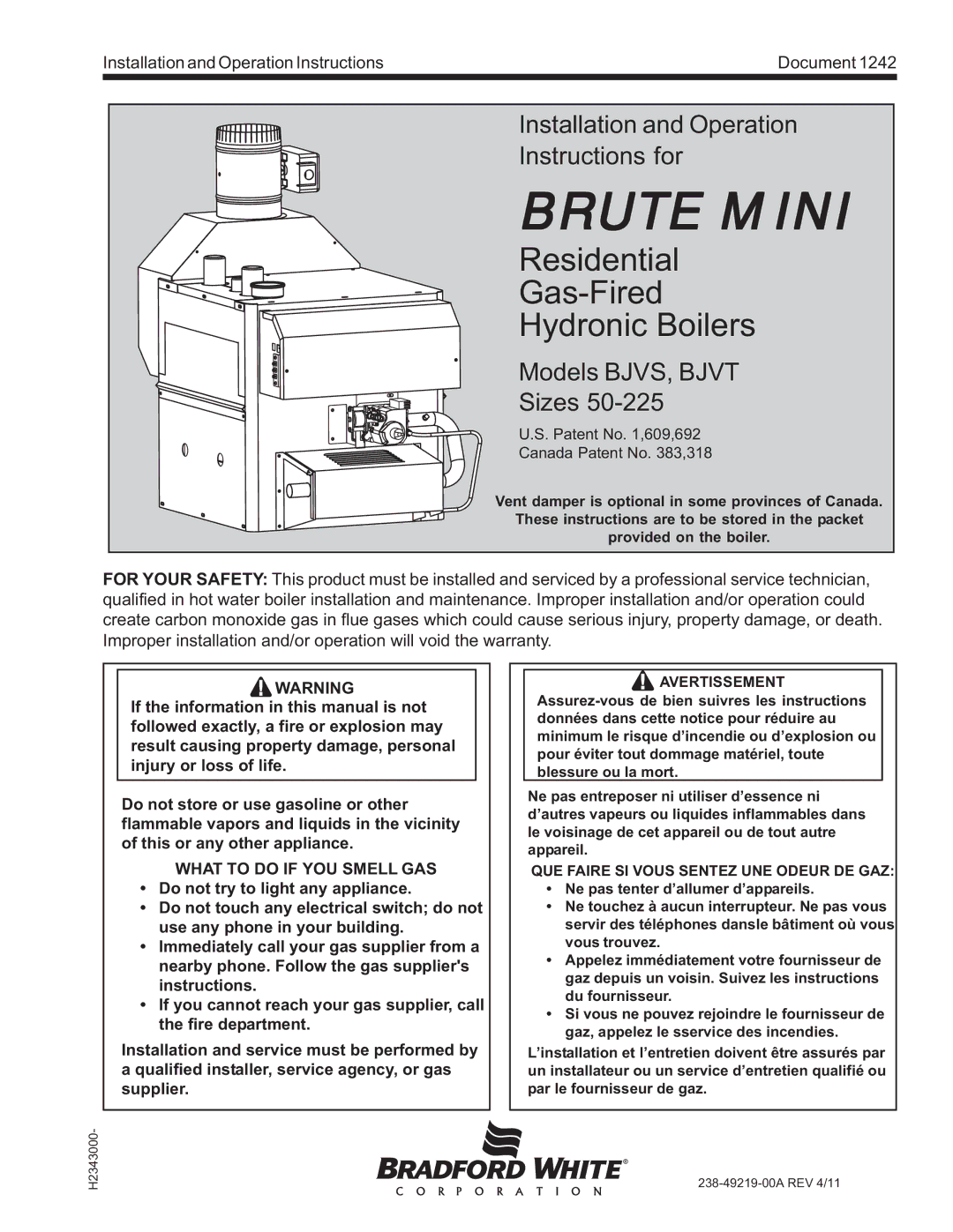 Bradford-White Corp BJVT, BJVS, Residential Gas-Fired Hydronic Boilers warranty Brute Mini 