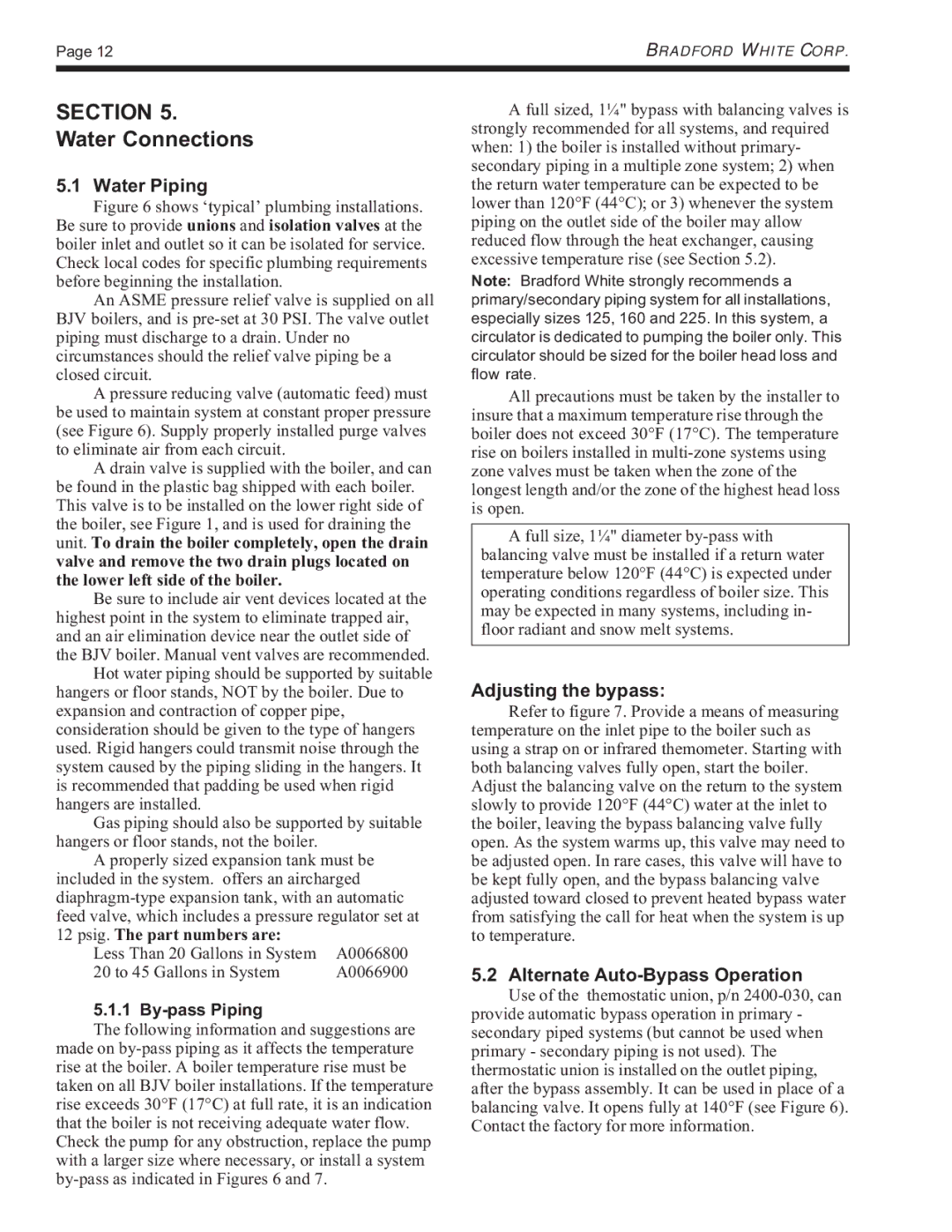 Bradford-White Corp BJVS, BJVT Water Connections, Water Piping, Adjusting the bypass, Alternate Auto-Bypass Operation 