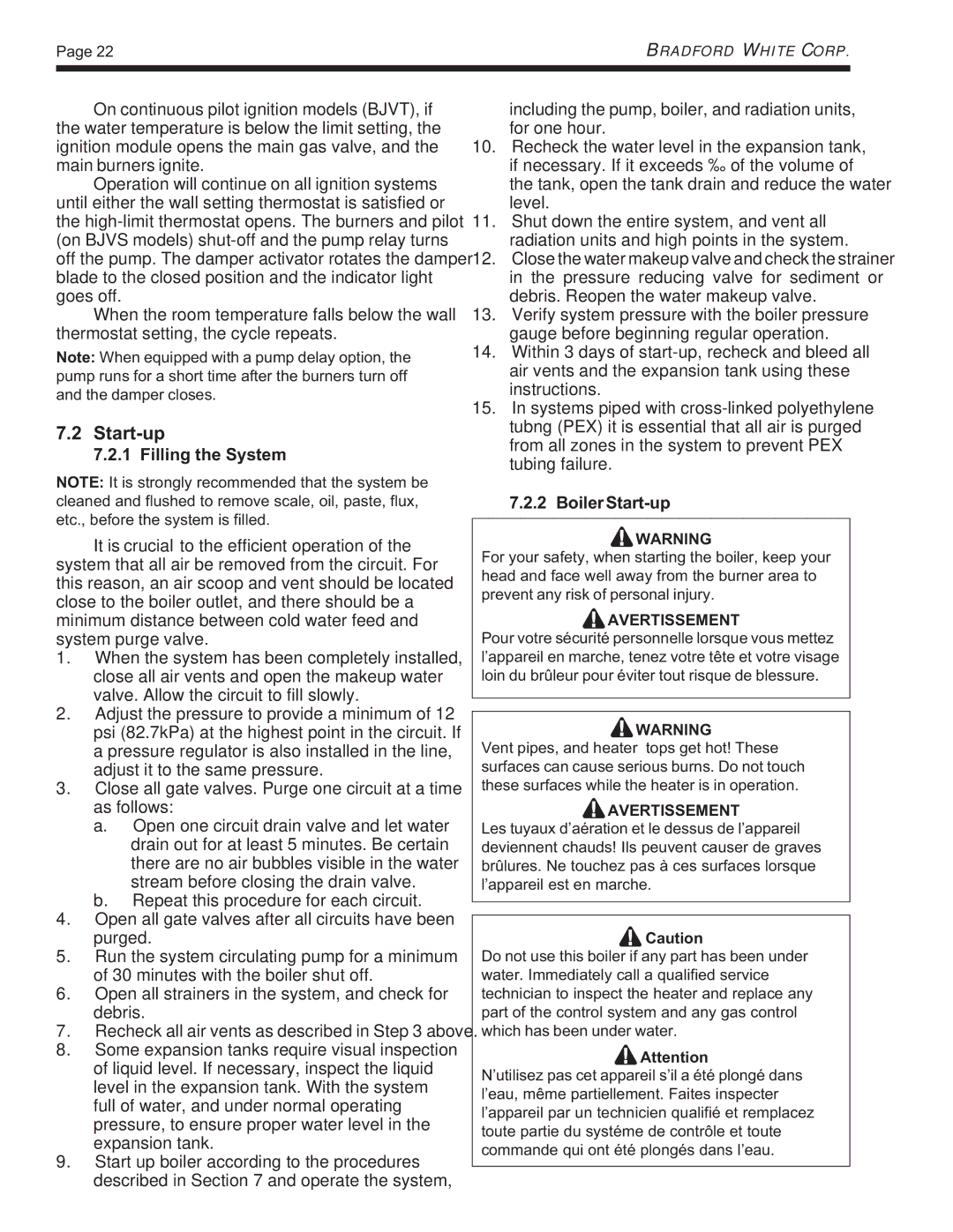 Bradford-White Corp BJVT, BJVS, Residential Gas-Fired Hydronic Boilers warranty Filling the System, Boiler Start-up 