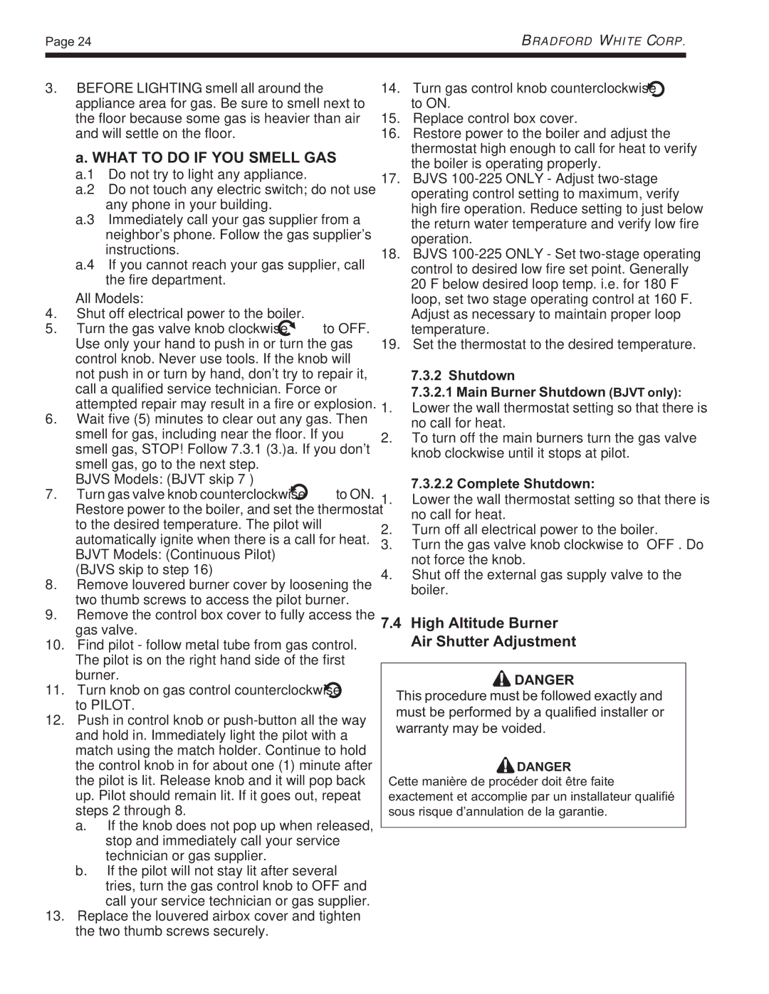 Bradford-White Corp BJVS, BJVT warranty High Altitude Burner Air Shutter Adjustment, Shutdown Main Burner Shutdown Bjvt only 