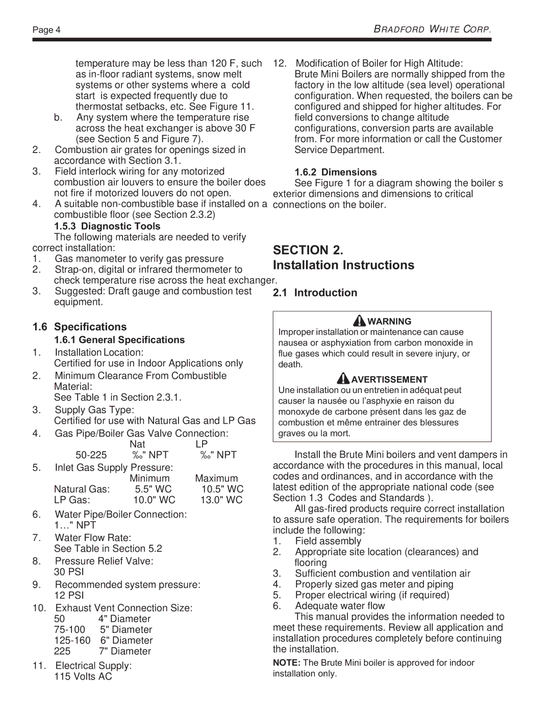 Bradford-White Corp BJVT, BJVS warranty Installation Instructions, Diagnostic Tools, General Specifications, Dimensions 