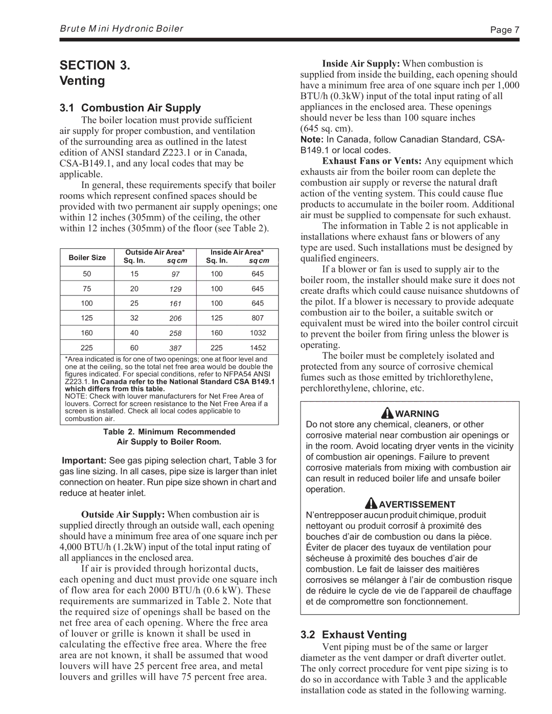 Bradford-White Corp BJVT, BJVS, Residential Gas-Fired Hydronic Boilers warranty Combustion Air Supply, Exhaust Venting 