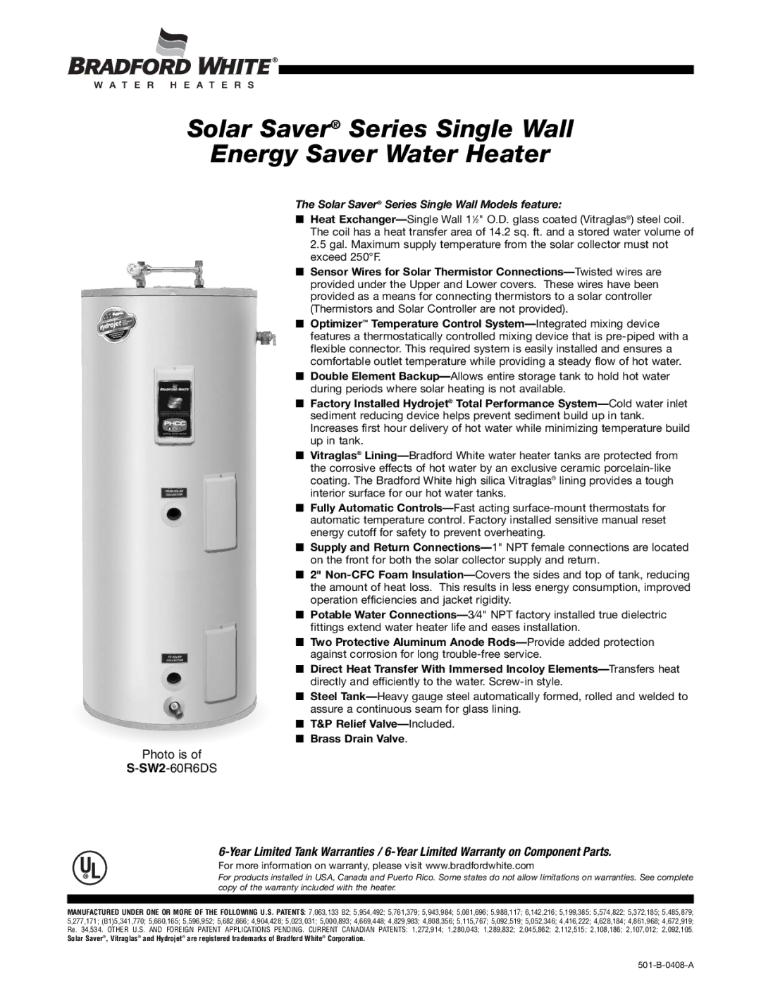 Bradford-White Corp S-SW2-60R6DS warranty Solar Saver Series Single Wall Energy Saver Water Heater 