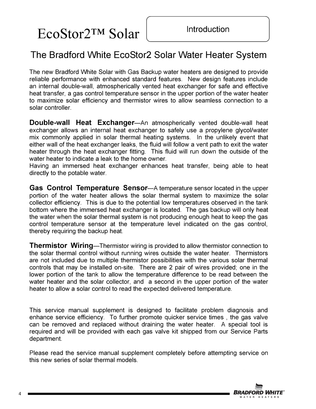 Bradford-White Corp SDW2TW50T, SDW265T, SDW275S, SDW2504T Bradford White EcoStor2 Solar Water Heater System, Introduction 