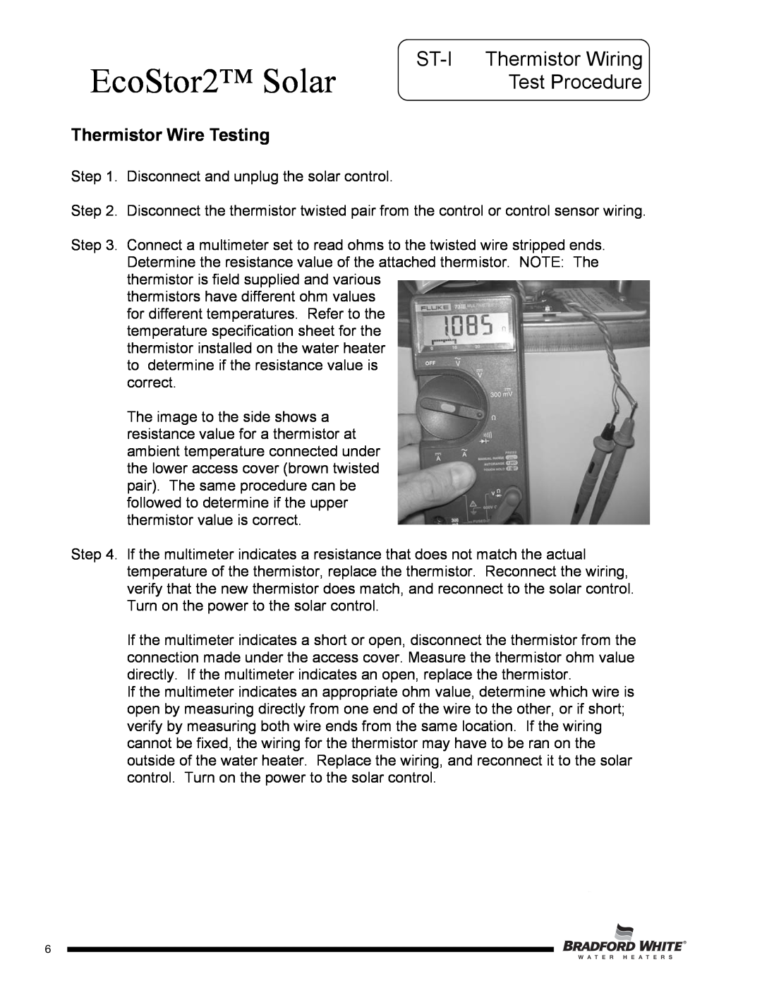 Bradford-White Corp SDW265T, SDW275S ST-I Thermistor Wiring Test Procedure, Thermistor Wire Testing, EcoStor2 Solar 