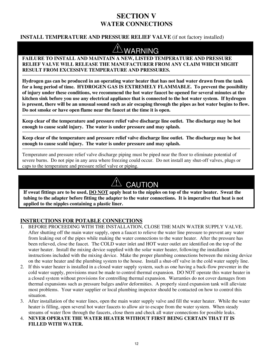 Bradford-White Corp Solar Water Heater manual Water Connections, Instructions for Potable Connections 