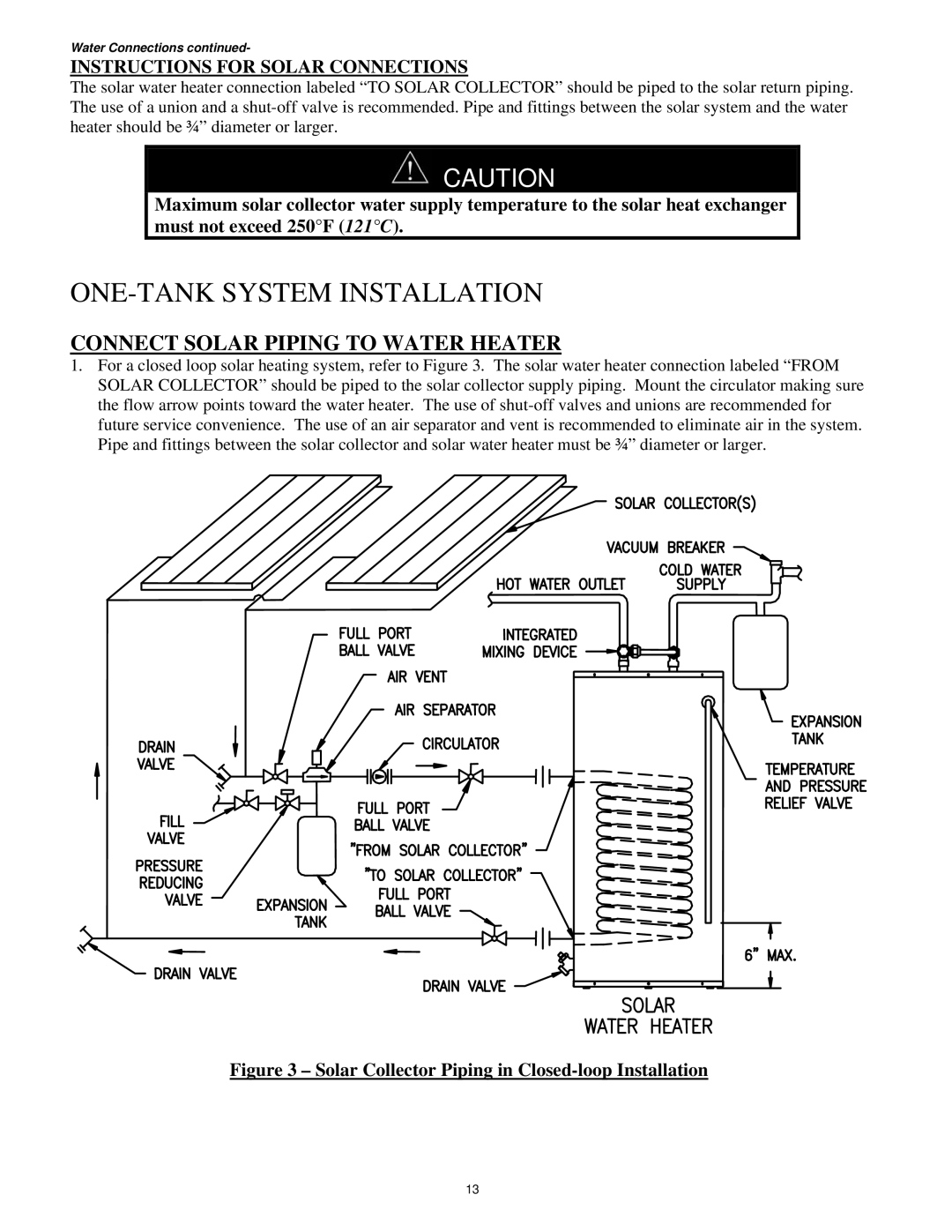 Bradford-White Corp Solar Water Heater manual Connect Solar Piping to Water Heater, Instructions for Solar Connections 