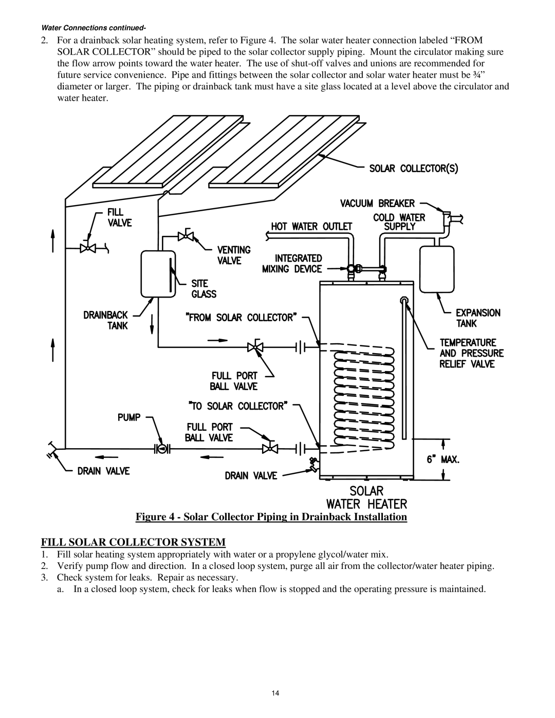 Bradford-White Corp Solar Water Heater manual Solar Collector Piping in Drainback Installation, Fill Solar Collector System 