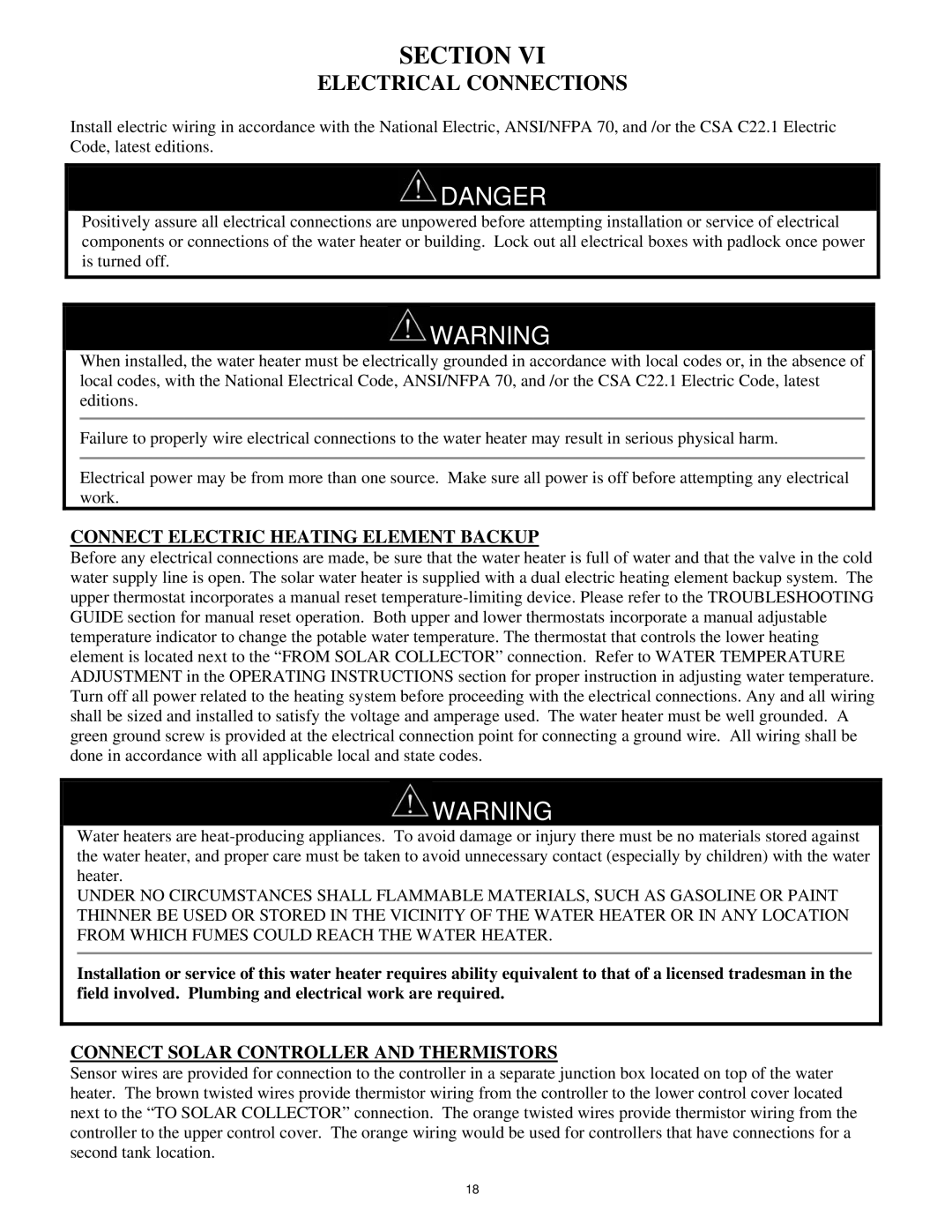 Bradford-White Corp Solar Water Heater manual Electrical Connections, Connect Electric Heating Element Backup 