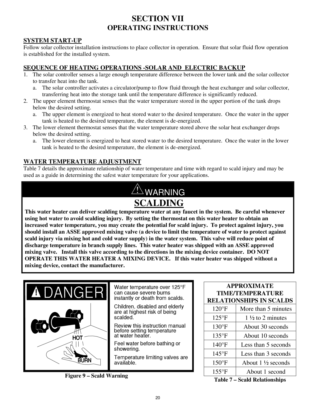 Bradford-White Corp Solar Water Heater manual Operating Instructions, System START-UP, Water Temperature Adjustment 