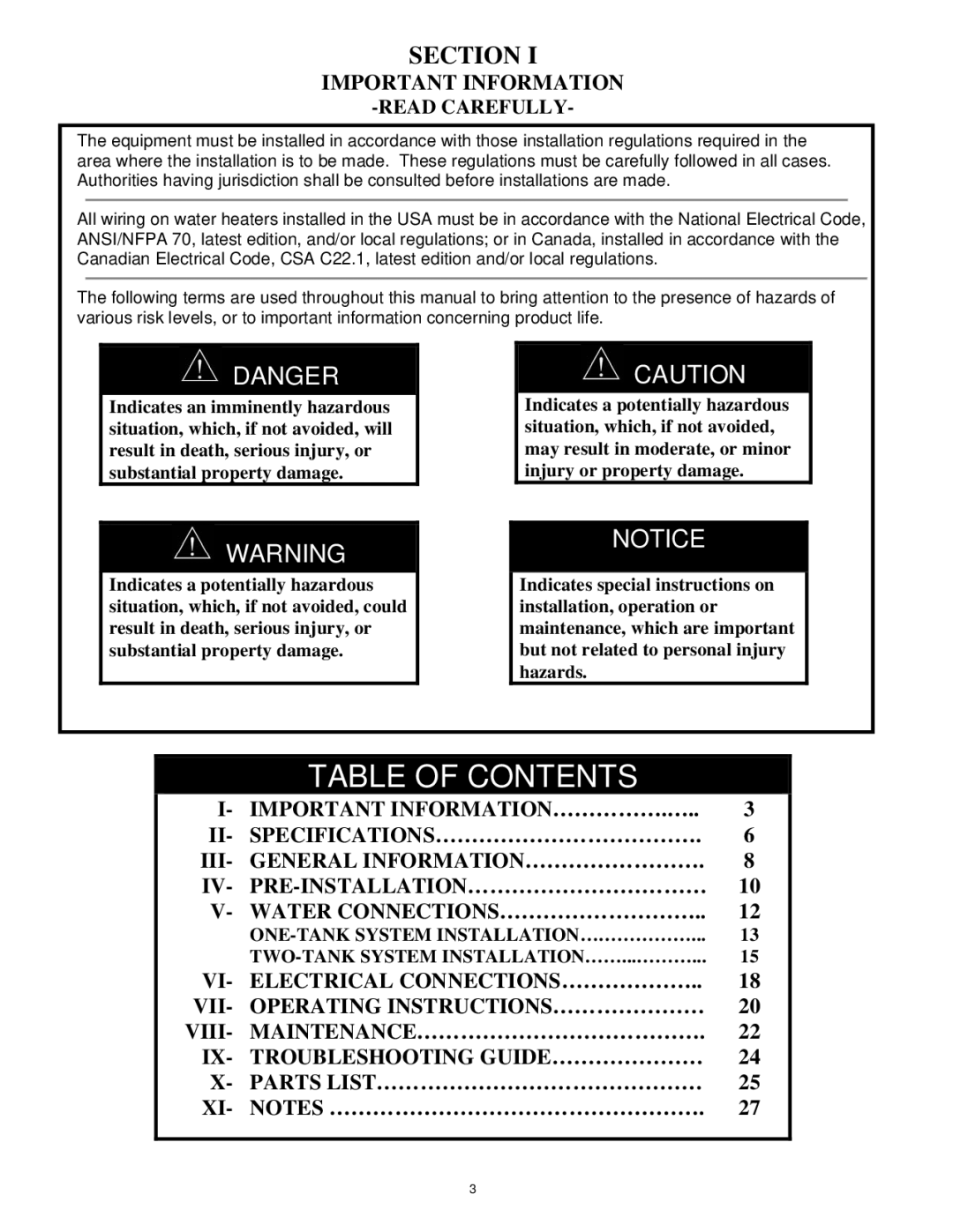 Bradford-White Corp Solar Water Heater manual Table of Contents 