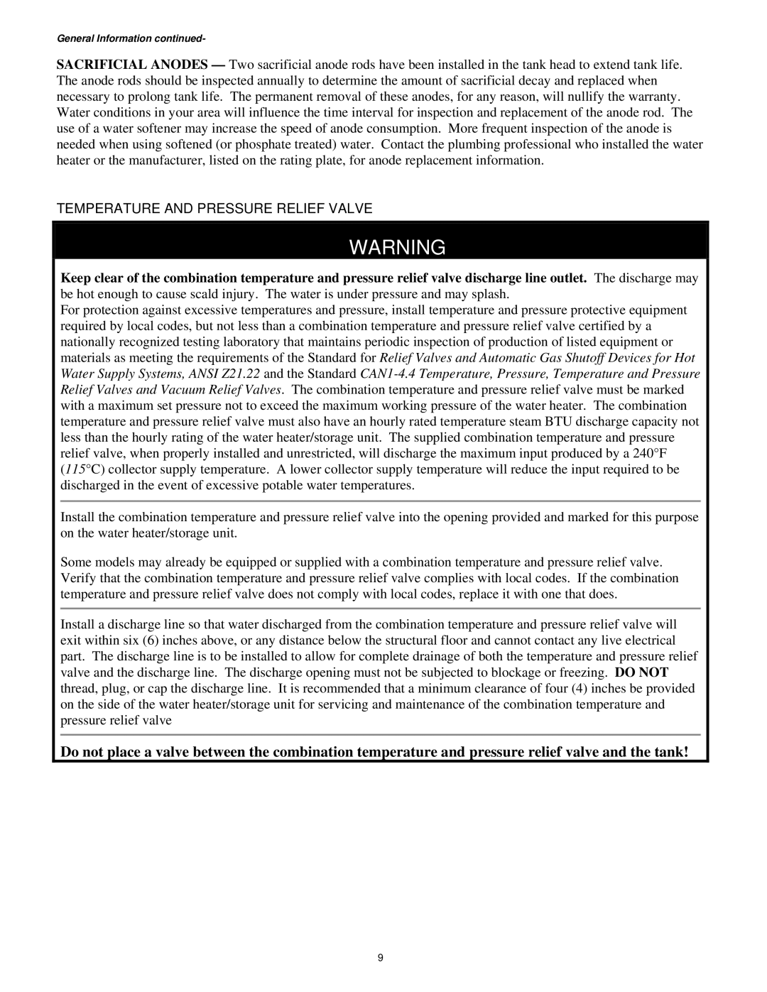 Bradford-White Corp Solar Water Heater manual Temperature and Pressure Relief Valve 