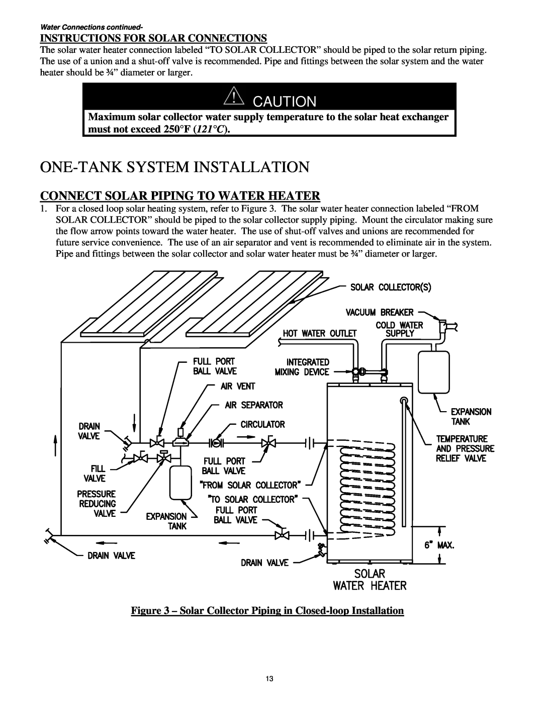 Bradford-White Corp Solar Water Heater manual One-Tank System Installation, Connect Solar Piping To Water Heater 