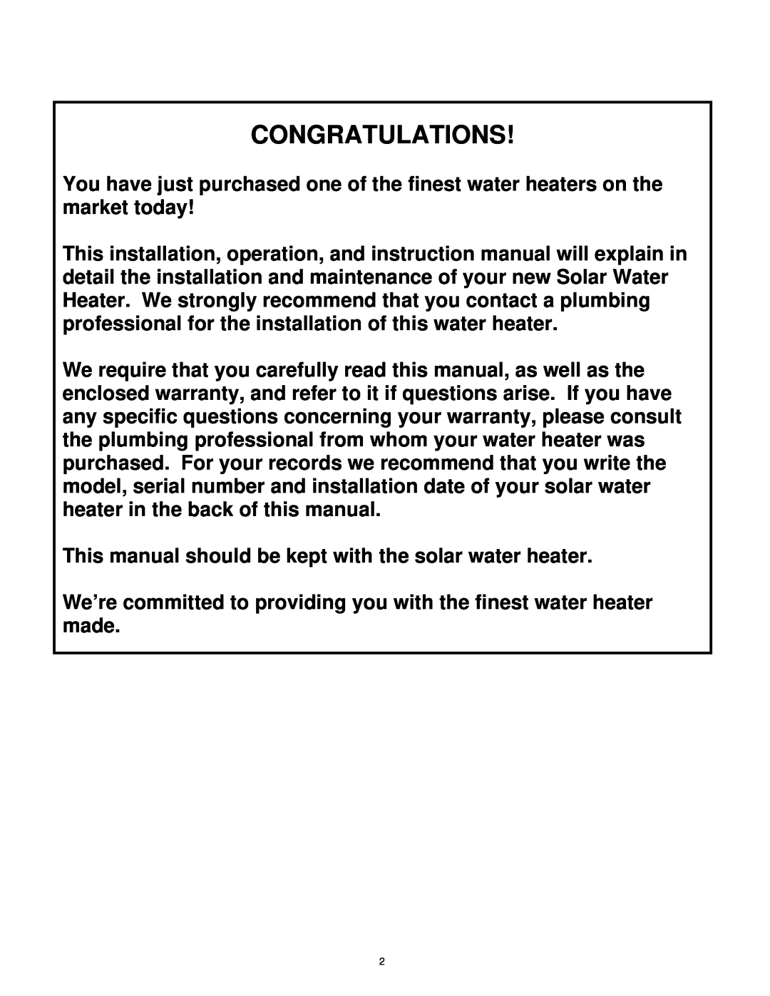 Bradford-White Corp Solar Water Heater manual Congratulations 