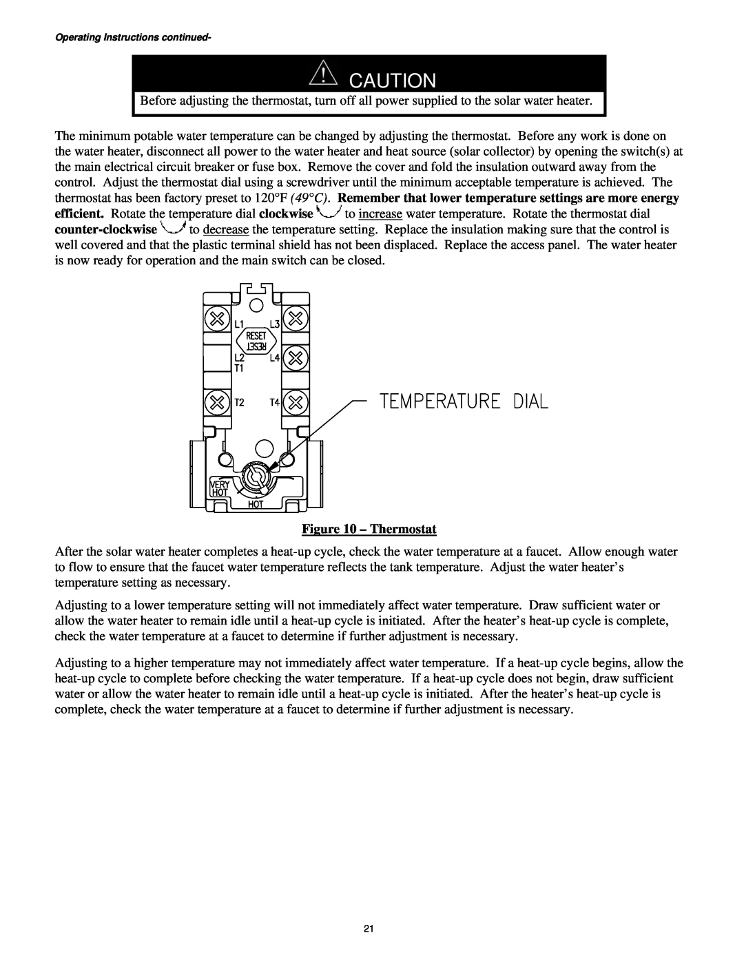 Bradford-White Corp Solar Water Heater manual Thermostat, Operating Instructions continued 
