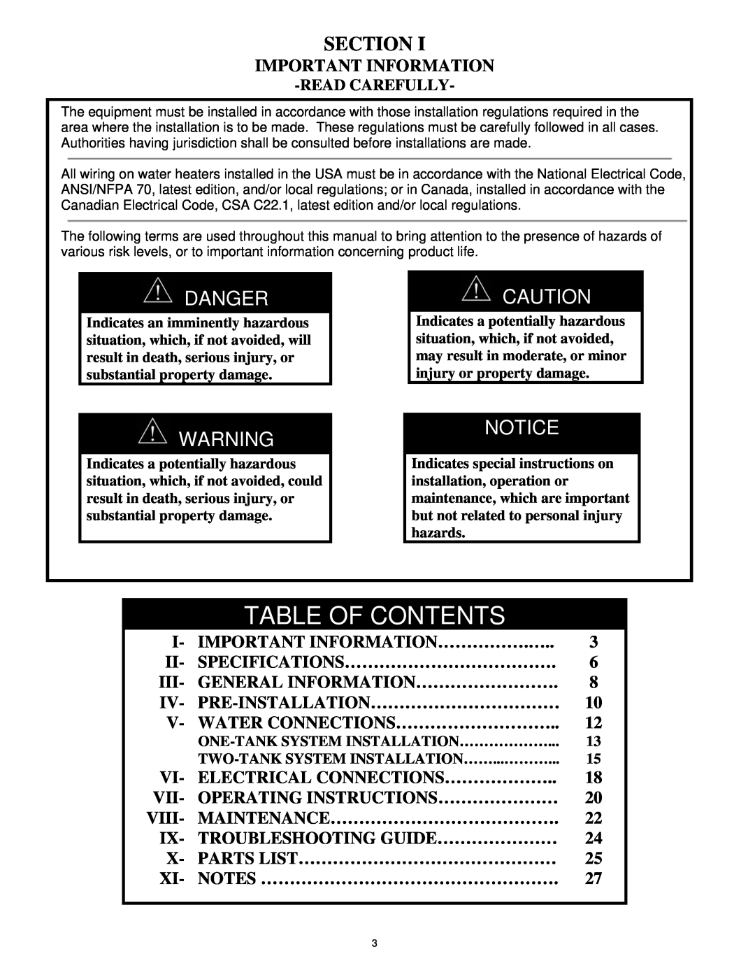 Bradford-White Corp Solar Water Heater manual Section, Danger, Table Of Contents 