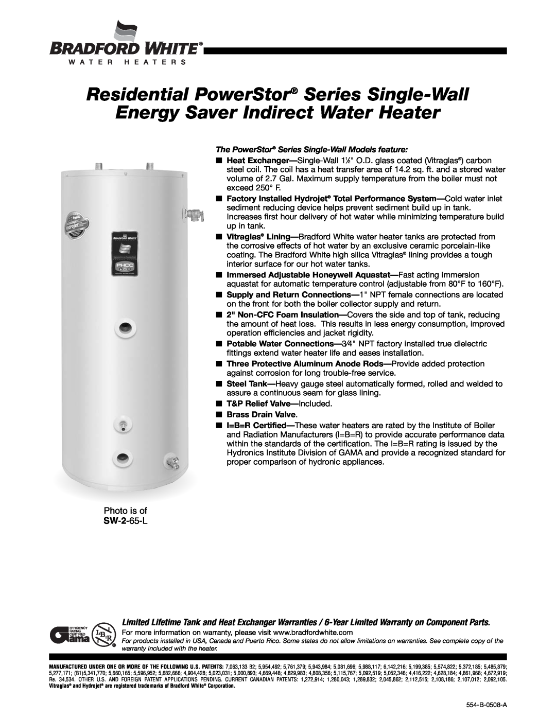 Bradford-White Corp SW-2-65-L warranty Residential PowerStor Series Single-Wall, Energy Saver Indirect Water Heater 