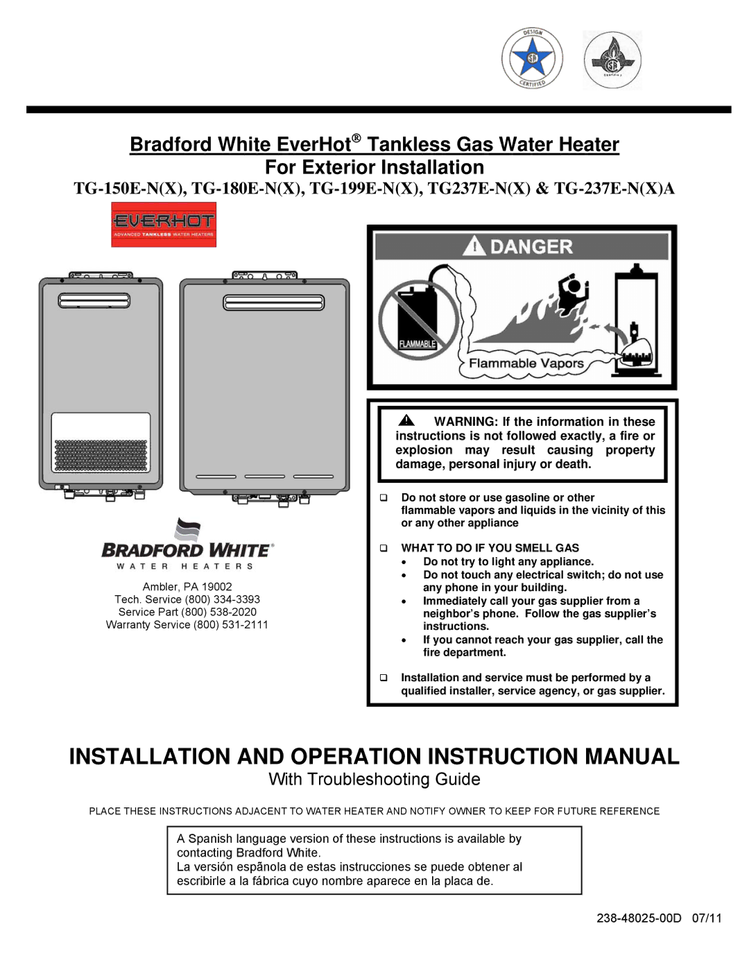 Bradford-White Corp TG-150E-N(X) instruction manual TG-150E-NX, TG-180E-NX, TG-199E-NX, TG237E-NX & TG-237E-NXA 