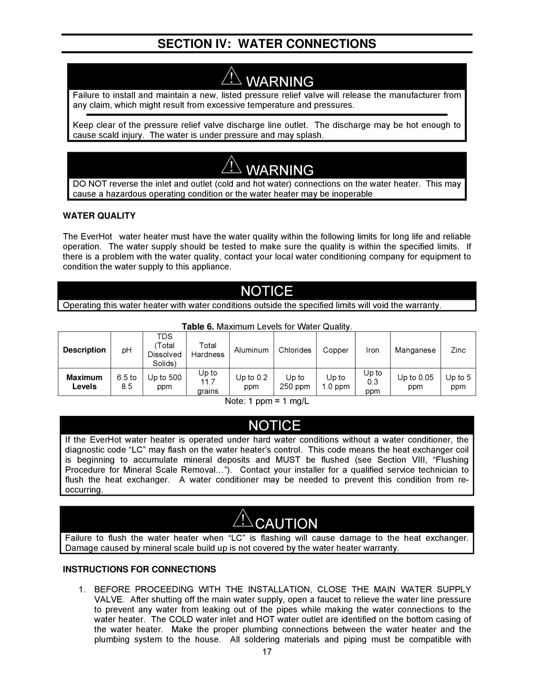 Bradford-White Corp TG237E-N(X), TG-237E-N(X)A Section IV Water Connections, Water Quality, Instructions for Connections 