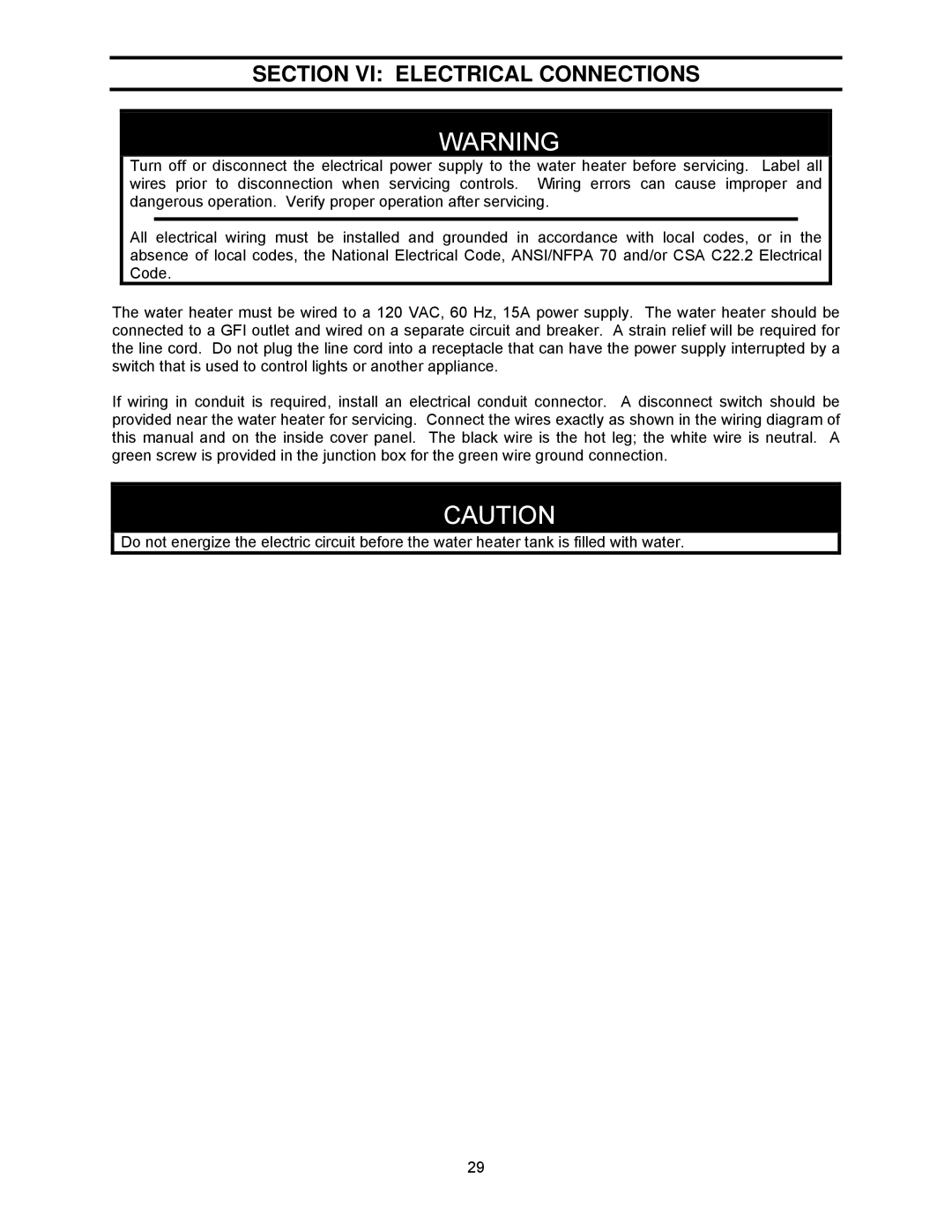 Bradford-White Corp TG-199E-N(X), TG-237E-N(X)A, TG-150E-N(X), TG237E-N(X), TG-180E-N(X) Section VI Electrical Connections 