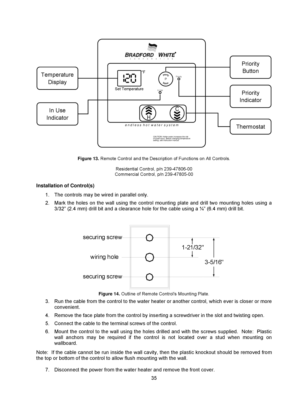 Bradford-White Corp TG-237E-N(X)A, TG-150E-N(X), TG237E-N(X) Temperature Display Use Indicator, Installation of Controls 