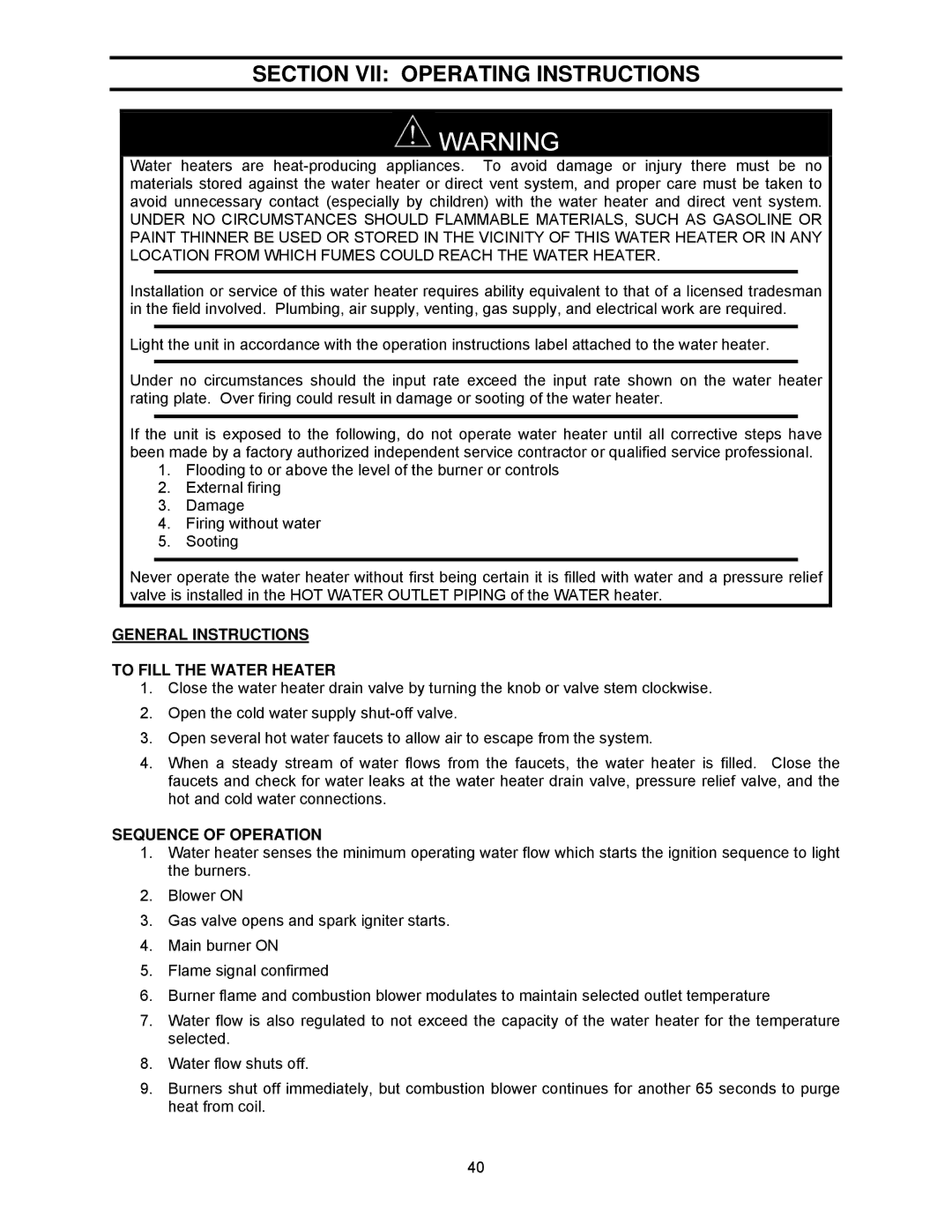 Bradford-White Corp TG-237E-N(X)A Section VII Operating Instructions, General Instructions To Fill the Water Heater 