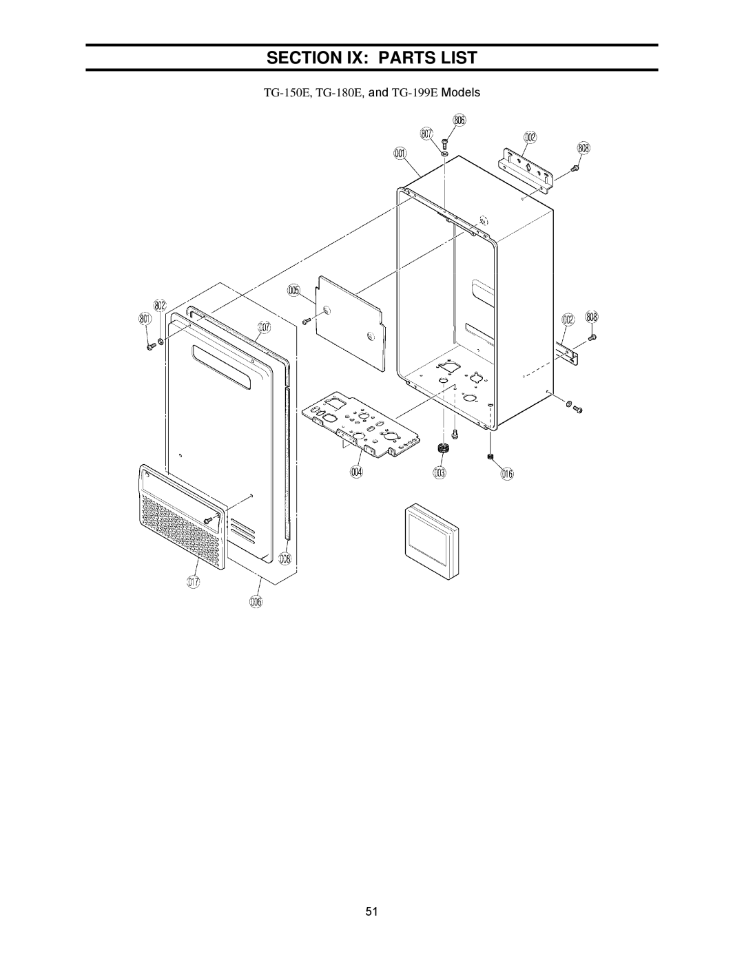 Bradford-White Corp TG-150E-N(X), TG-237E-N(X)A, TG237E-N(X), TG-180E-N(X), TG-199E-N(X) Section IX Parts List 