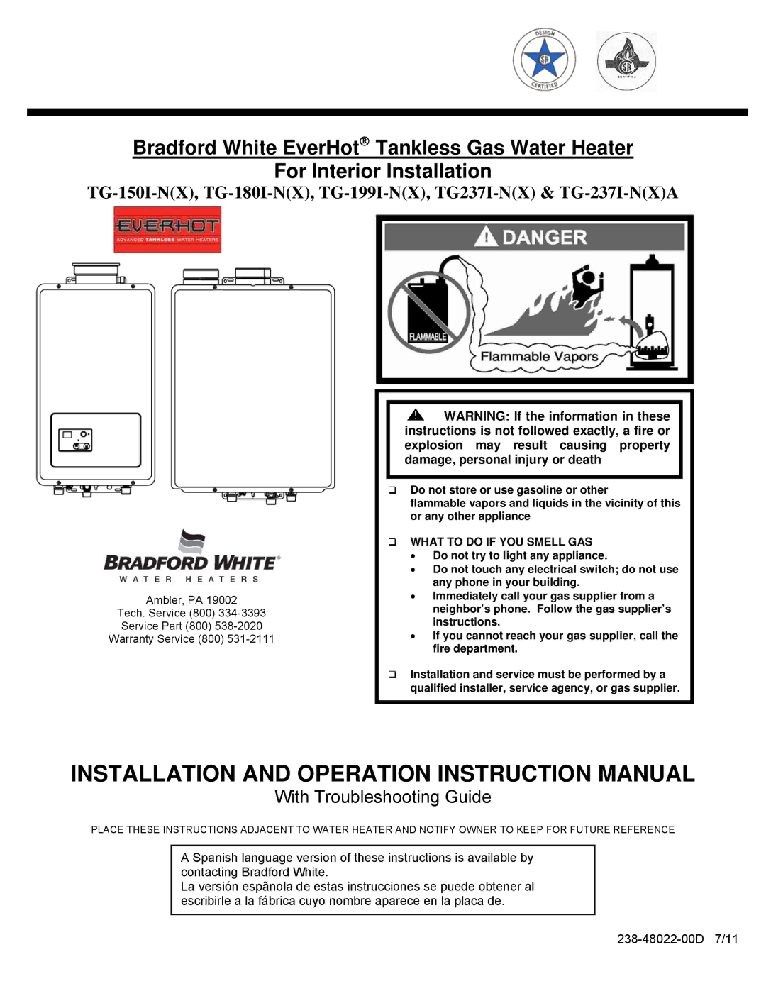 Bradford-White Corp TG-150I-N(X) instruction manual TG-150I-NX, TG-180I-NX, TG-199I-NX, TG237I-NX & TG-237I-NXA 