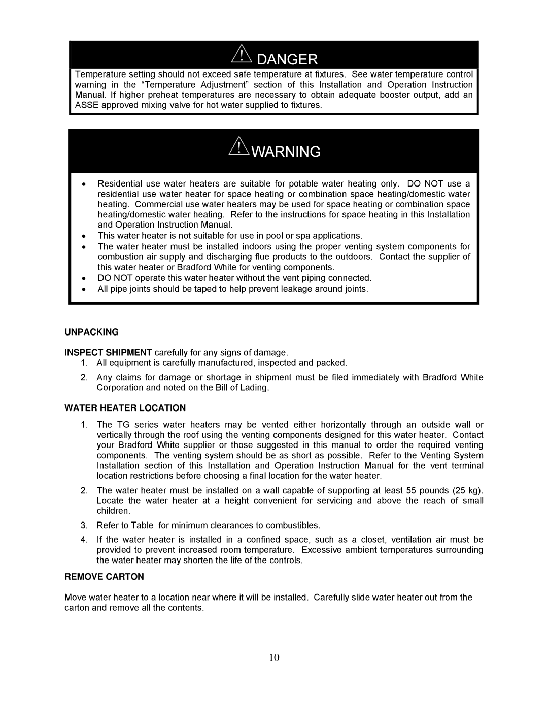 Bradford-White Corp TG237I-N(X), TG-150I-N(X), TG-180I-N(X), TG-237I-N(X)A Unpacking, Water Heater Location, Remove Carton 