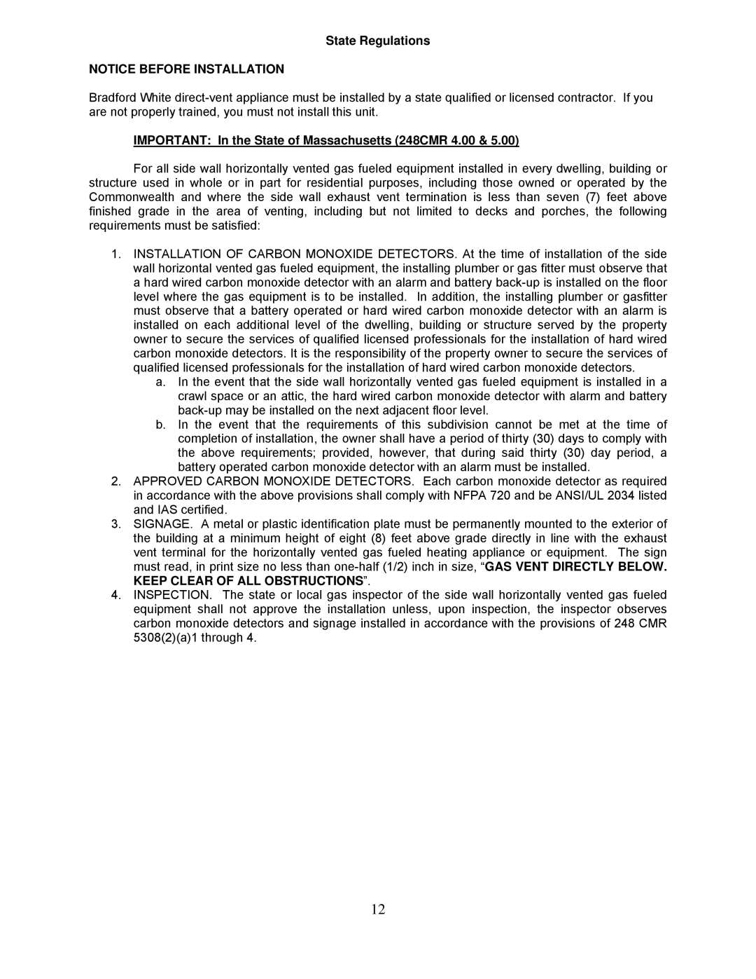 Bradford-White Corp TG-180I-N(X), TG237I-N(X) State Regulations, Important In the State of Massachusetts 248CMR 4.00 