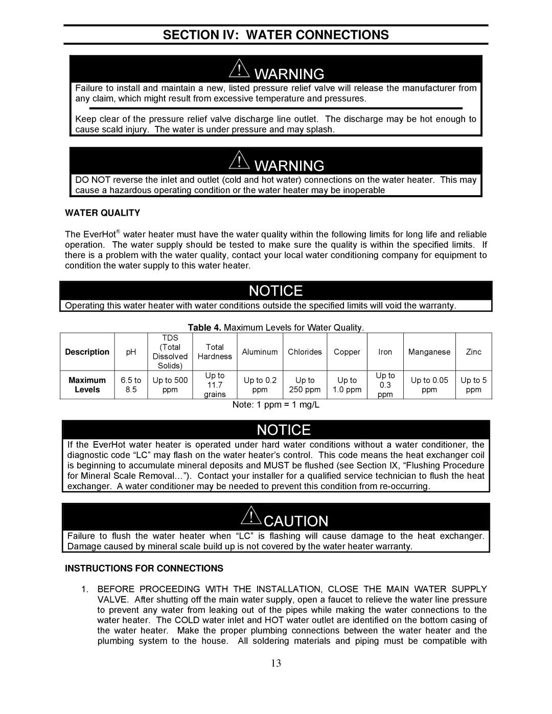 Bradford-White Corp TG-237I-N(X)A, TG237I-N(X) Section IV Water Connections, Water Quality, Instructions for Connections 