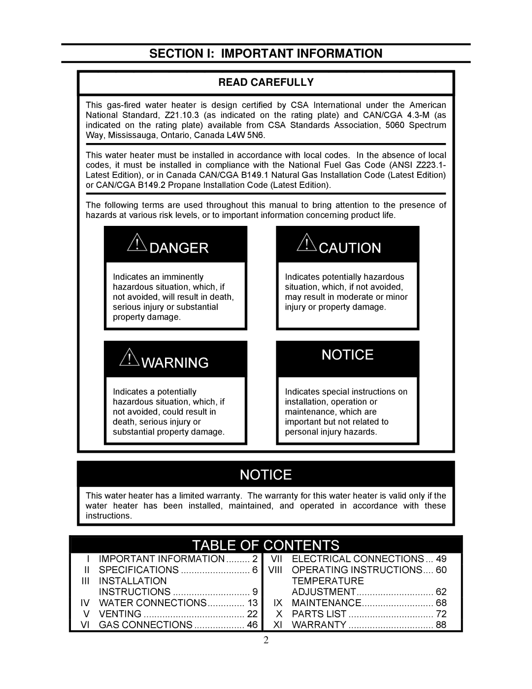 Bradford-White Corp TG-180I-N(X), TG237I-N(X), TG-150I-N(X), TG-237I-N(X)A, TG-199I-N(X) instruction manual Table of Contents 